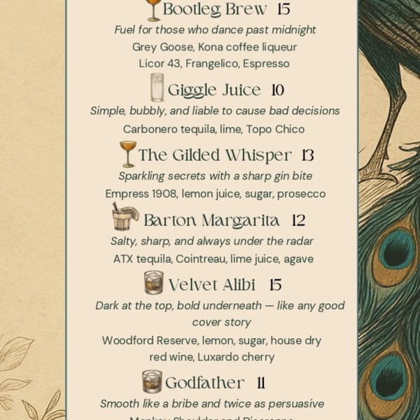 A cocktail menu from The Barton House of Salado, featuring drinks like "Bootleg Brew" and "Barton Margarita".