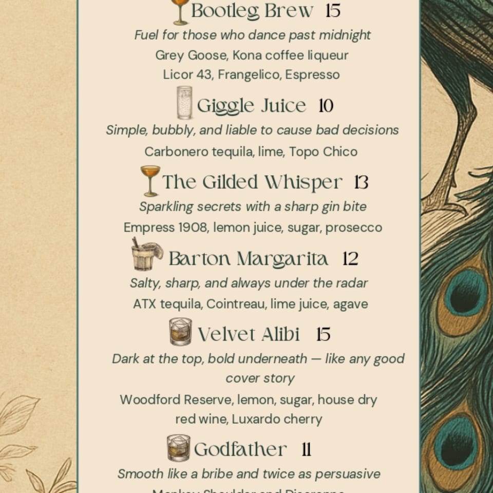 A cocktail menu from The Barton House of Salado, featuring drinks like "Bootleg Brew" and "Barton Margarita".