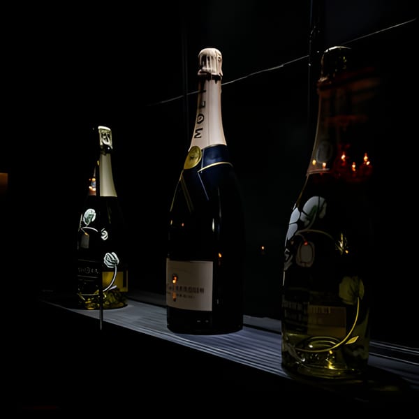 Three champagne bottles, two with floral designs, displayed on a dark shelf at The Barton House.