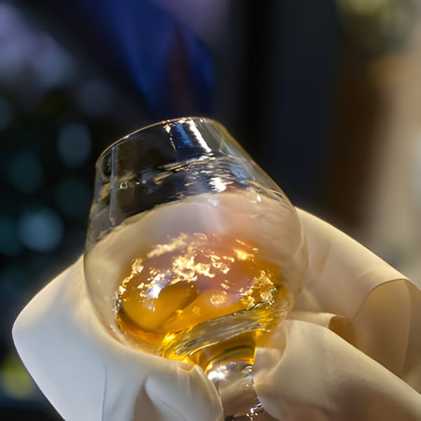 A snifter of amber liquor with gold flakes, held in a white napkin, at The Barton House.